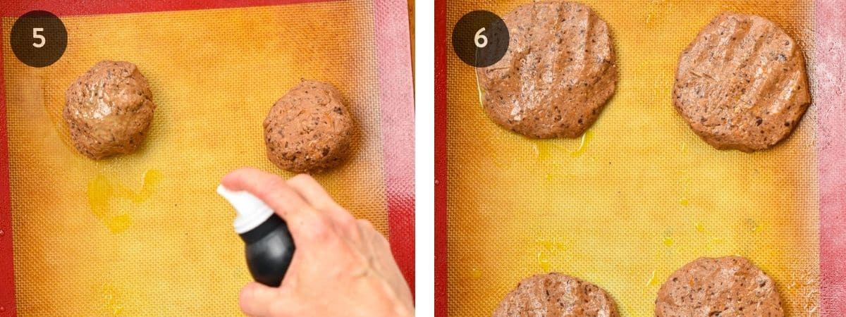 Step-by-step instructions on flattening Sweet Potato Black Bean Burger.