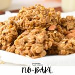 a plate filled with a stack of no-bake oatmeal almond butter cookies