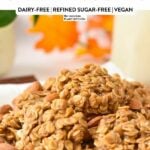 a plate filled with a stack of no-bake oatmeal almond butter cookies