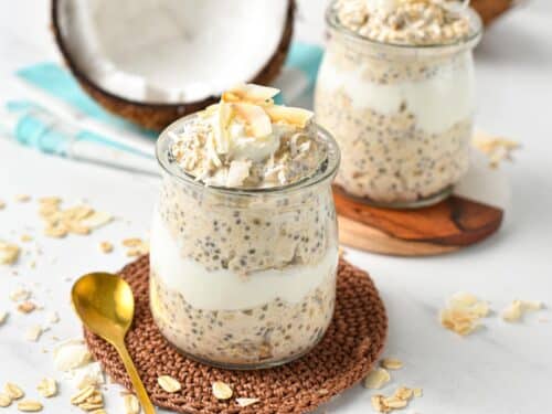 This Coconut overnight oats recipe is a quick and easy healthy breakfast to meal prep for your busy morning week. Plus, it's dairy-free, gluten-free, and packed with coconut flavors.