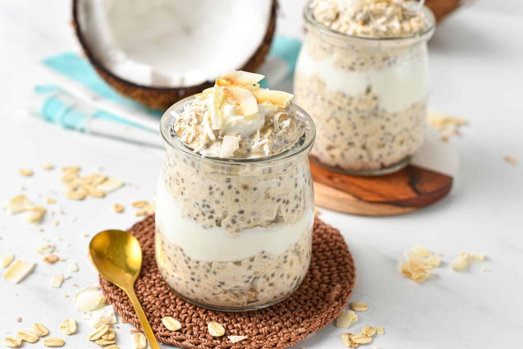 This Coconut overnight oats recipe is a quick and easy healthy breakfast to meal prep for your busy morning week. Plus, it's dairy-free, gluten-free, and packed with coconut flavors.