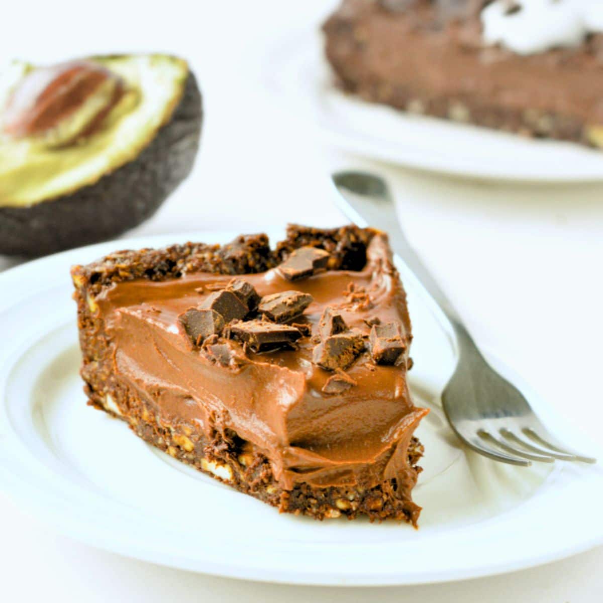 Chocolate Avocado Pie on a plate with a fork.