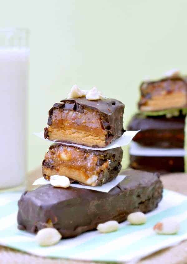 Healthy Snickers candy bars stacked on each other.