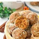 a ball filled with a stack of no-bake carrot cake energy bites made with dates, nuts, and carrots