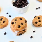 No-Bake Chocolate Chip Cookies stacked on a white table