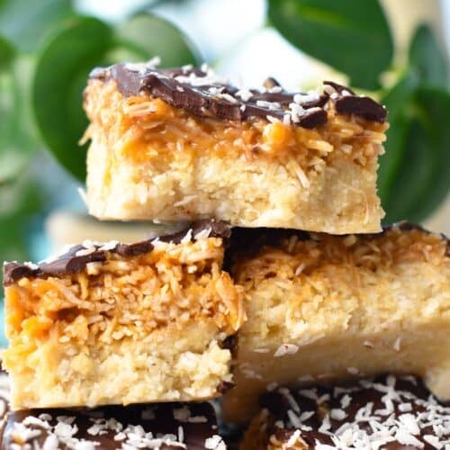 a stack of no-bake samoa bars