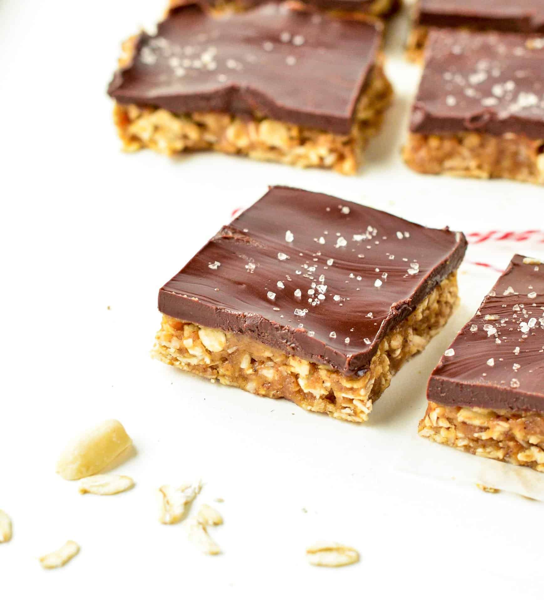 Healthy No Bake Peanut Butter Oatmeal Bars sliced into squares.