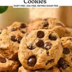 a plate filled with chickpea peanut butter cookies with chocolate chips