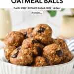 a bowl filled with No Bake Peanut Butter Oatmeal Energy Balls filled with chocolate chips