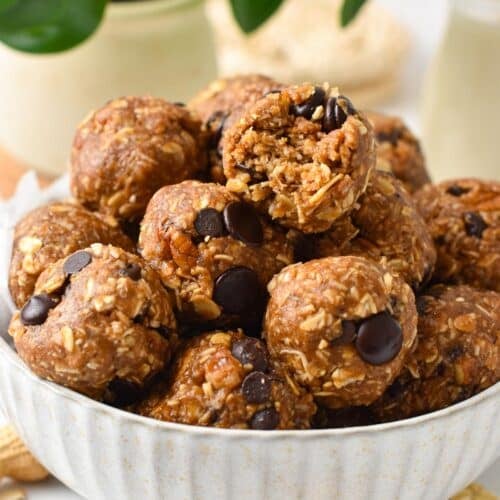 a bowl filled with No Bake Peanut Butter Oatmeal Energy Balls