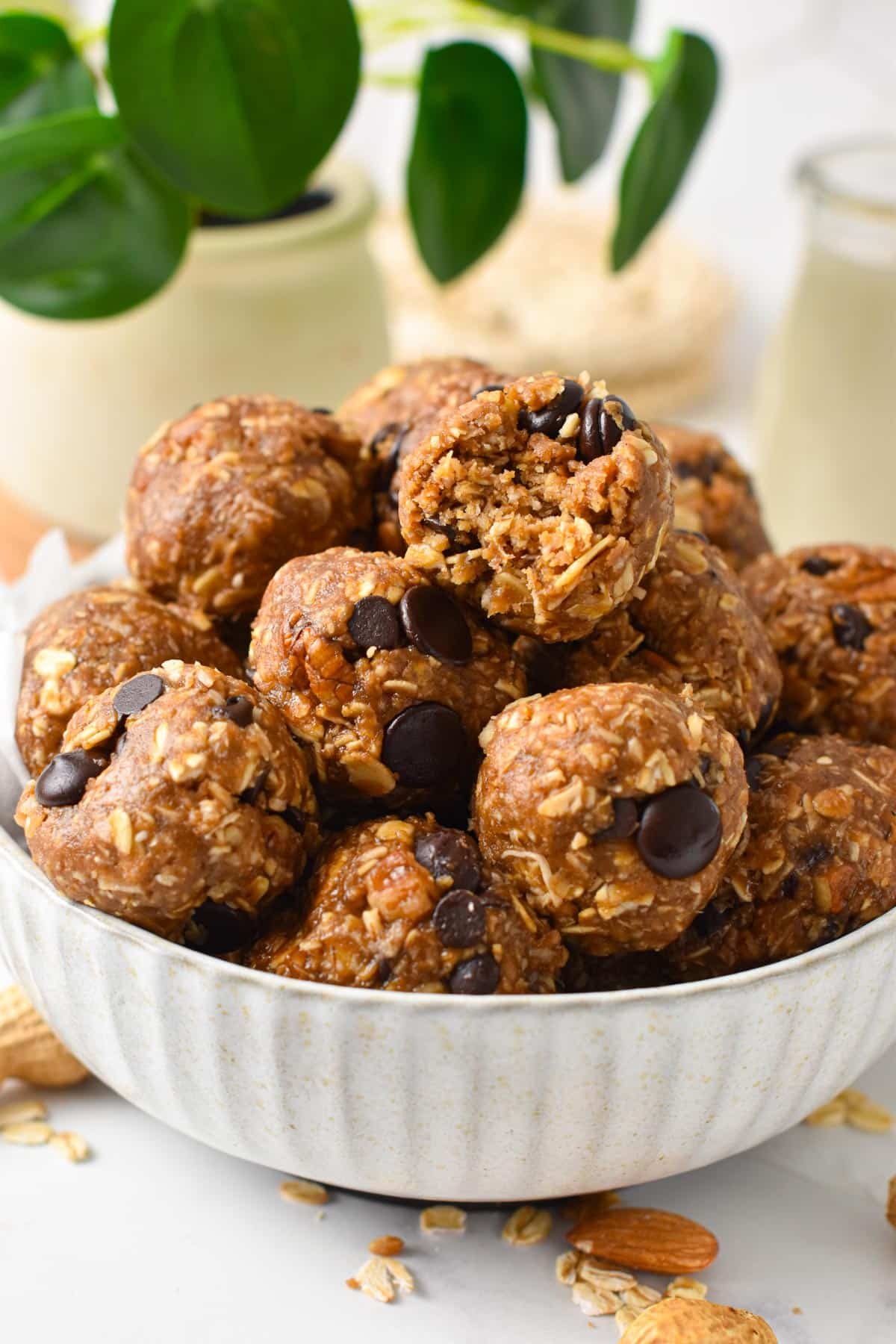 A bowl filled with No Bake Peanut Butter Oatmeal Energy Balls.