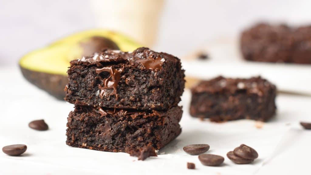 Avocado Brownies stacked on a table