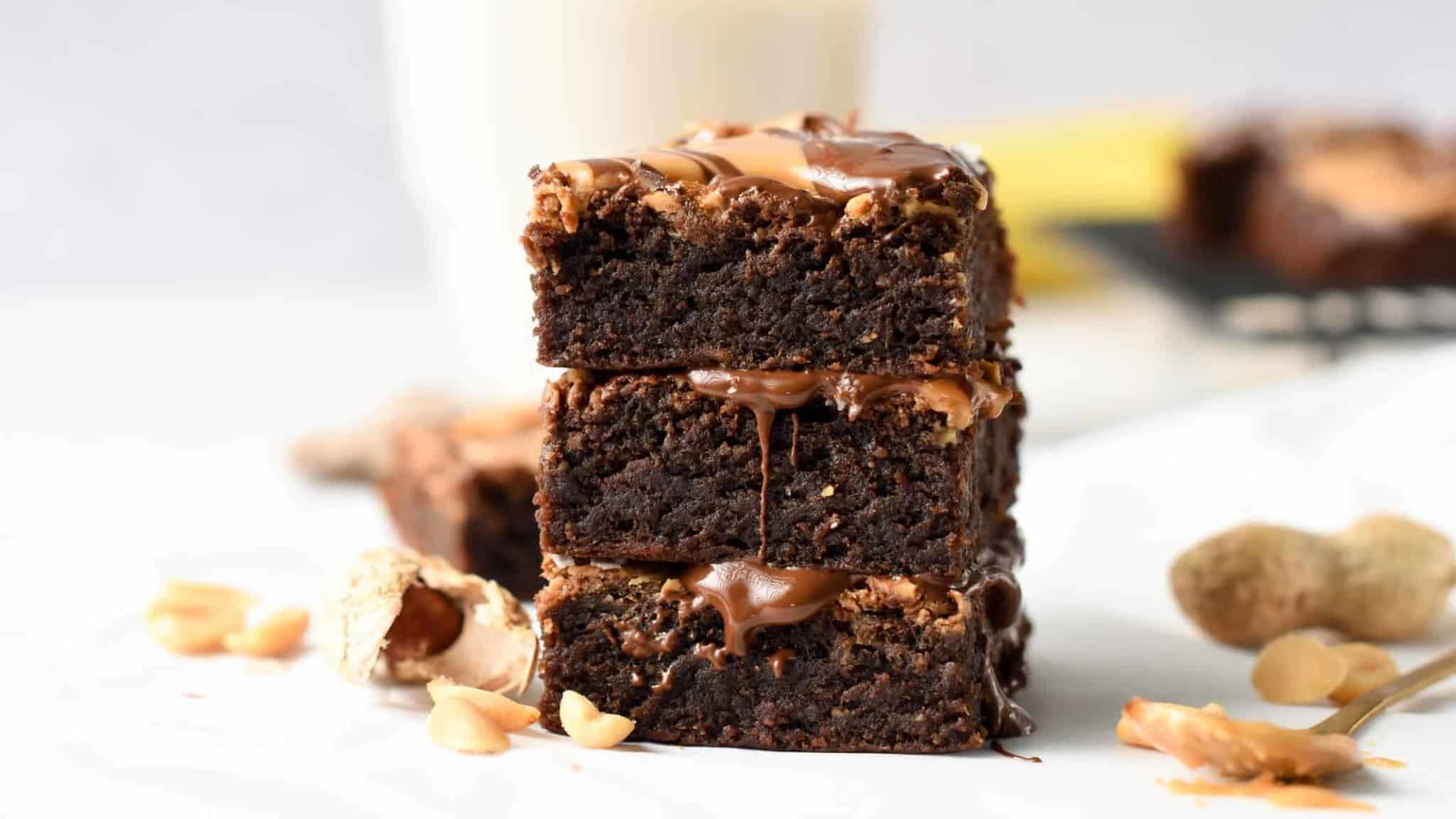 Stack of vegan banana peanut butter brownies