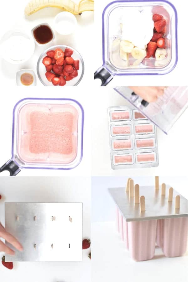 How to make Banana Strawberry Popsicles in a few pictures.