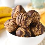 These peanut butter banana energy bites with chocolate chips are healthy breakfast on the go or post-workout energy bites to refuel with healthy carbs and plant-based protein.