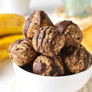 These peanut butter banana energy bites with chocolate chips are healthy breakfast on the go or post-workout energy bites to refuel with healthy carbs and plant-based protein.