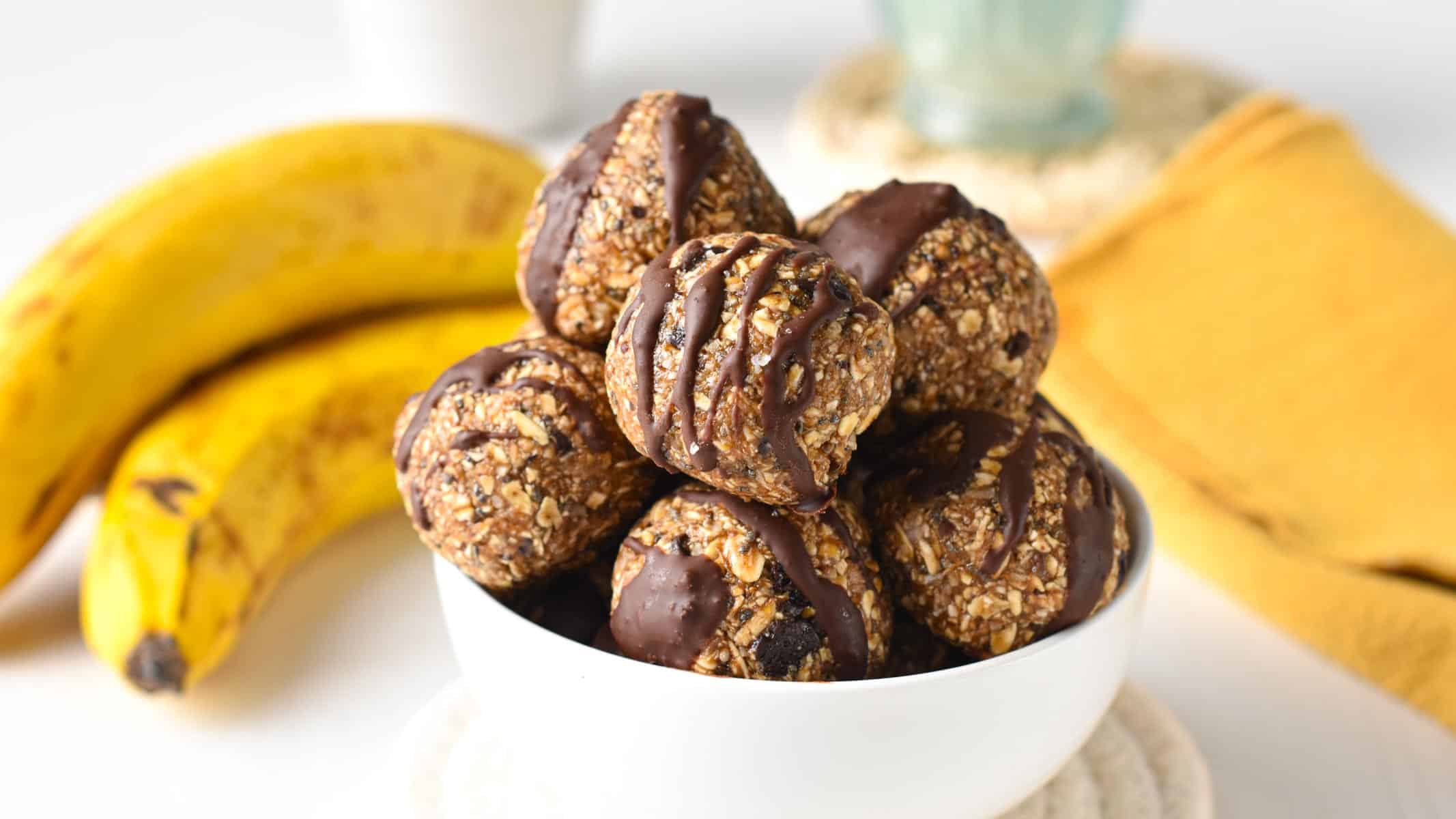 These peanut butter banana energy bites with chocolate chips are healthy breakfast on the go or post-workout energy bites to refuel with healthy carbs and plant-based protein.