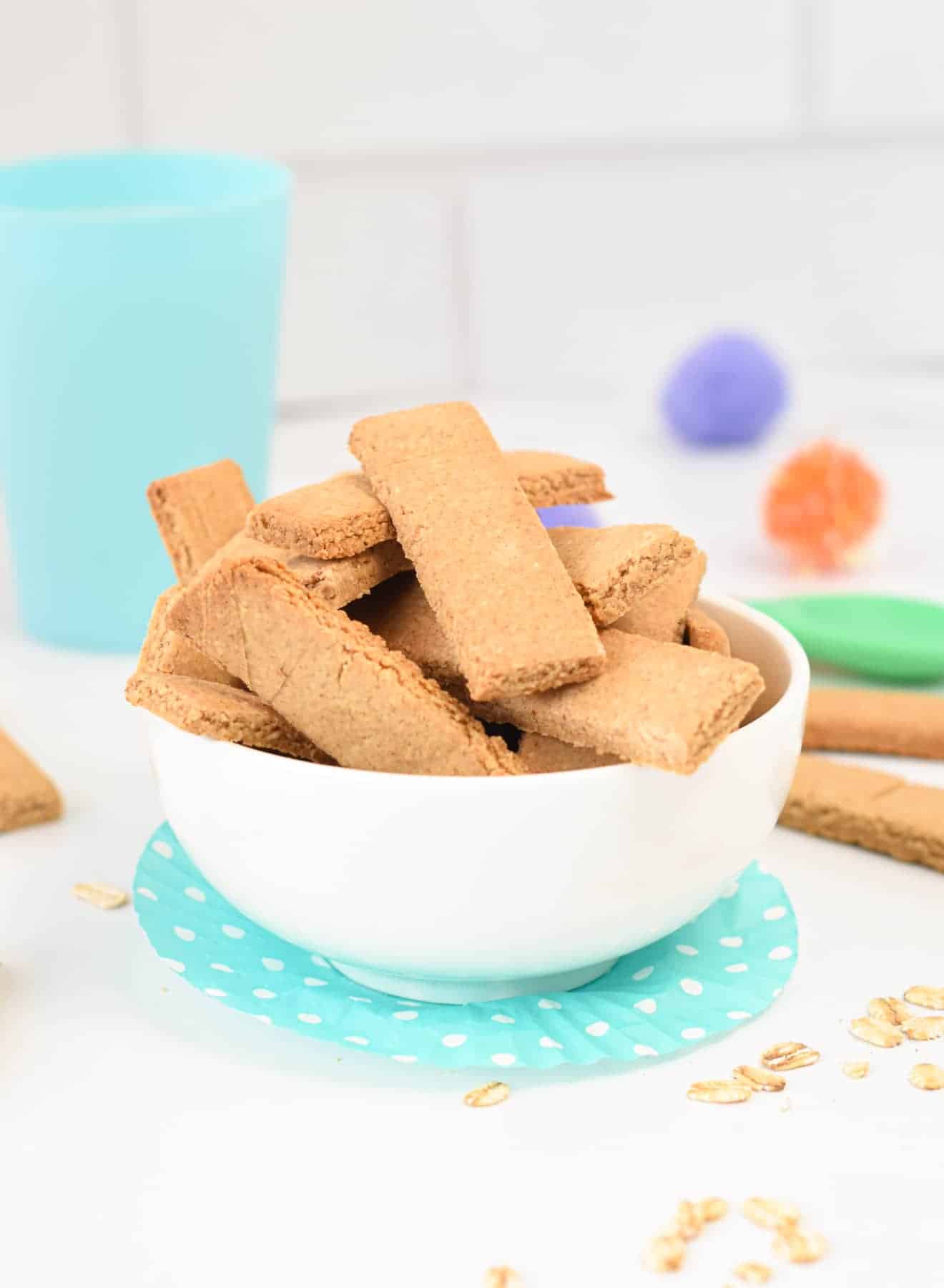 Baby Teething Crackers in a white bowl.