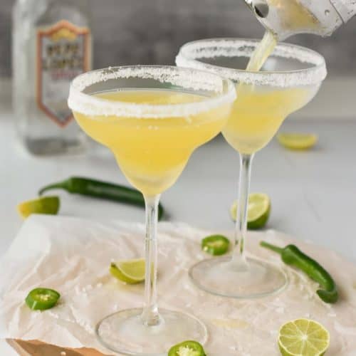 Spicy Skinny Margarita Poured in Margarita Glasses