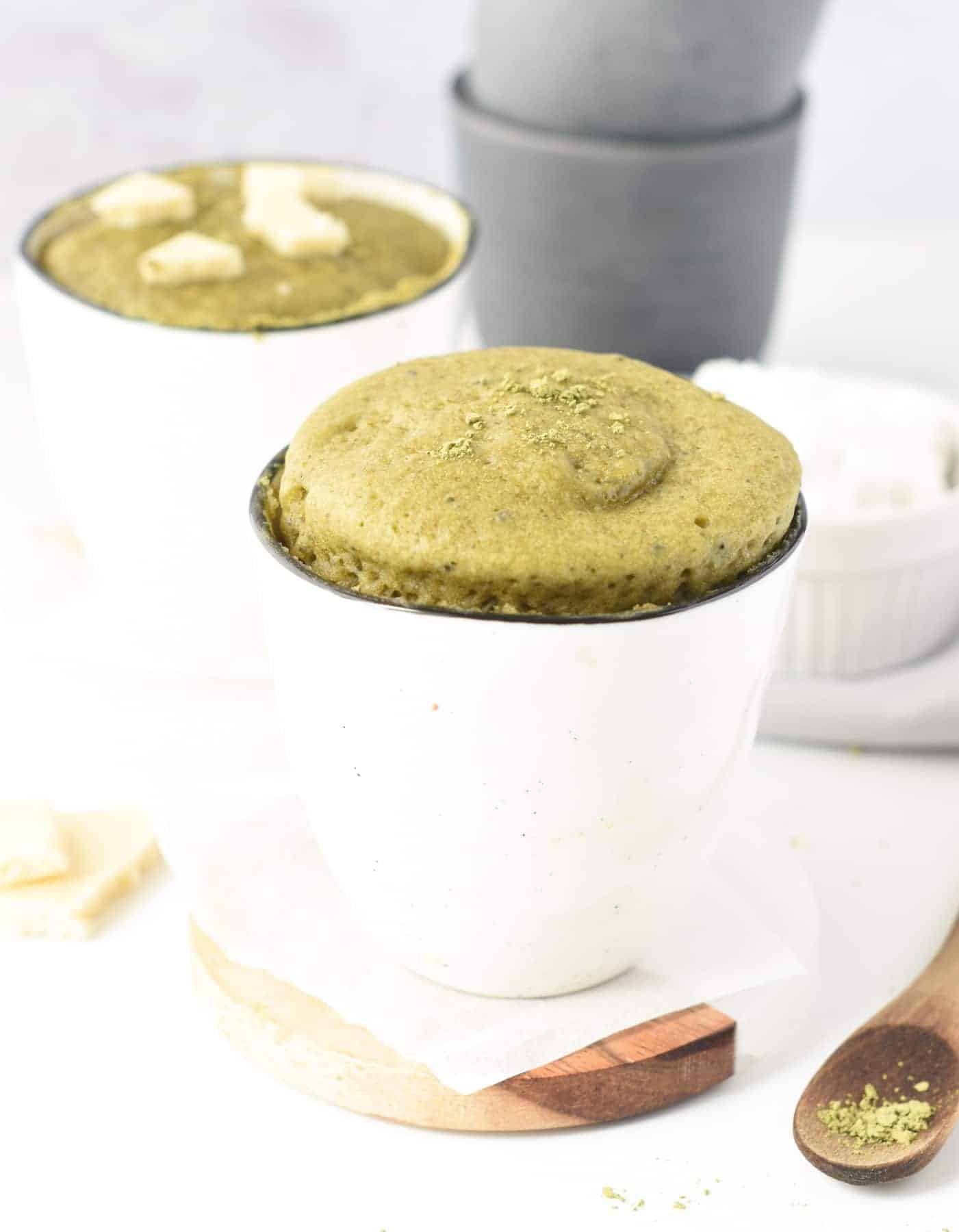 Matcha Mug Cake Recipe in two mugs.