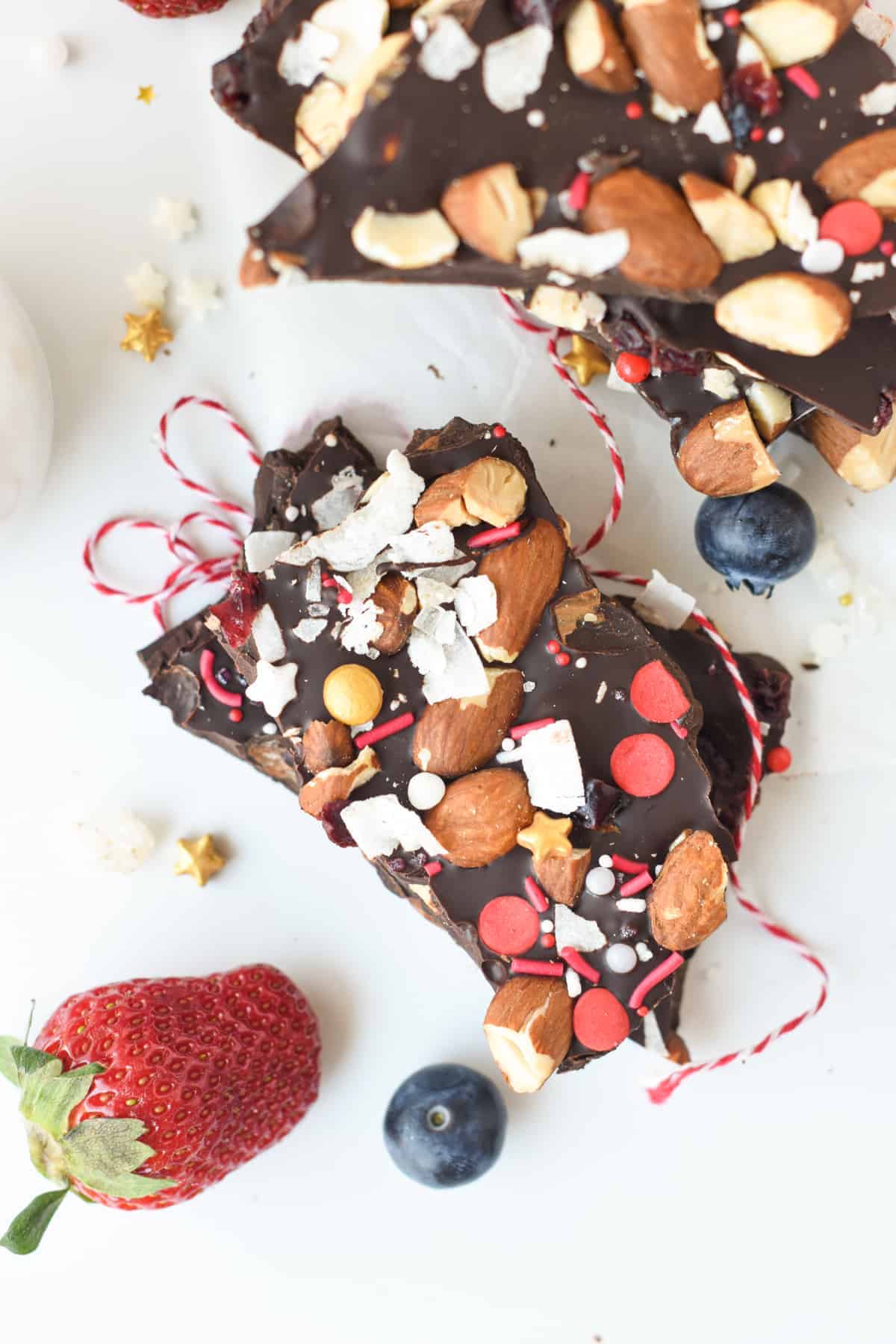 Chocolate Bark cut on a chopping board.