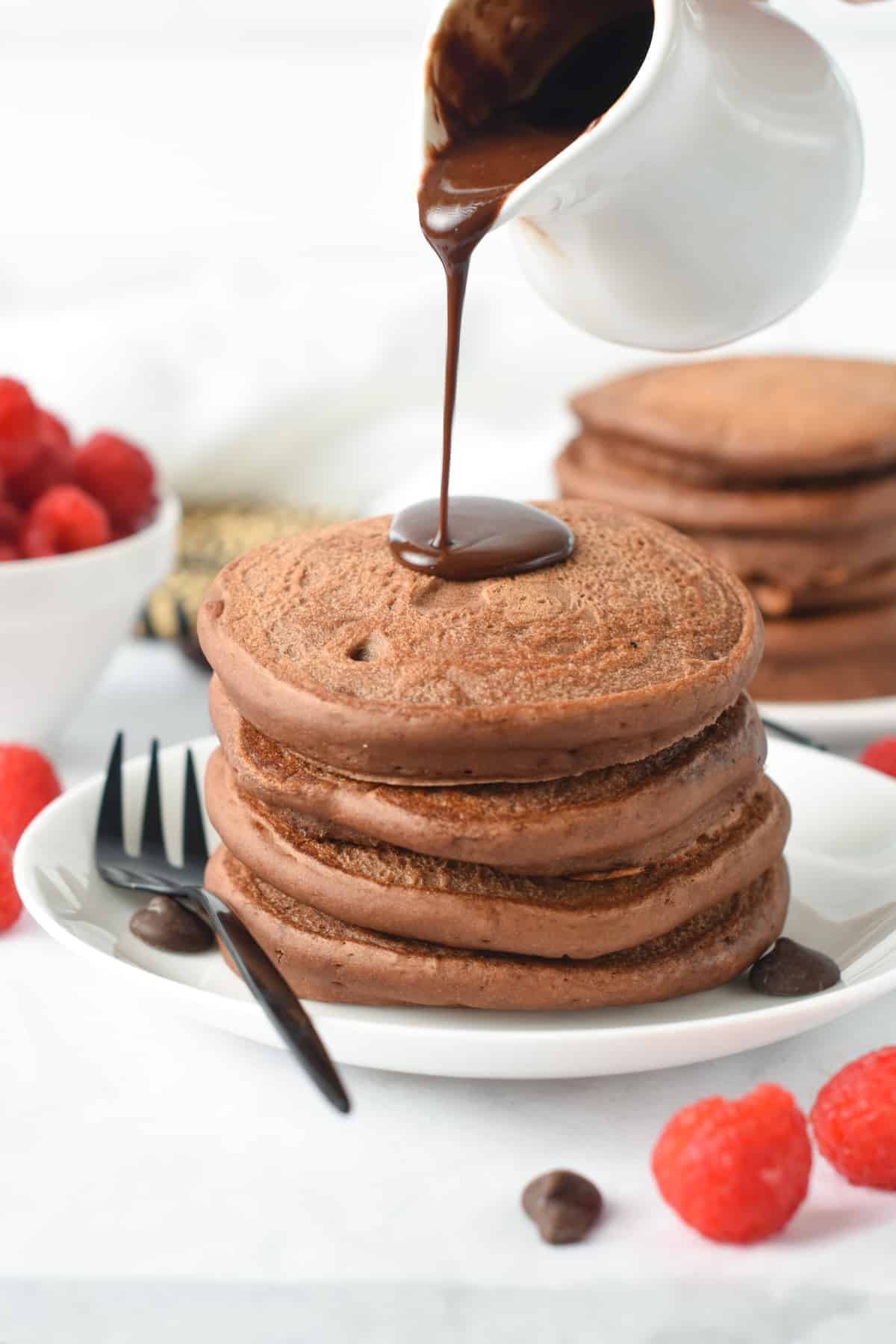 Chocolate Protein Pancakes Vegan Egg free Dairy free Protein Powder Pancakes