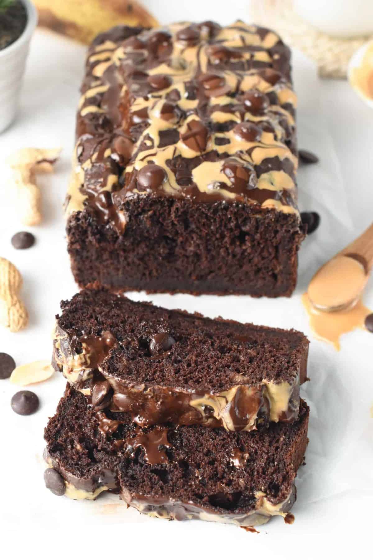 Slices of Chocolate Peanut Butter Banana Bread