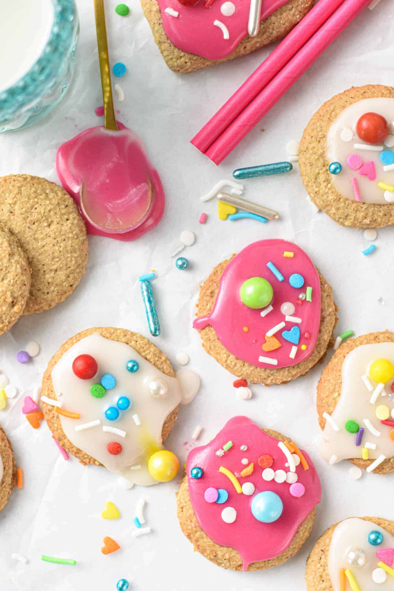 Oat Flour Sugar Cookies decorated with colored icing.