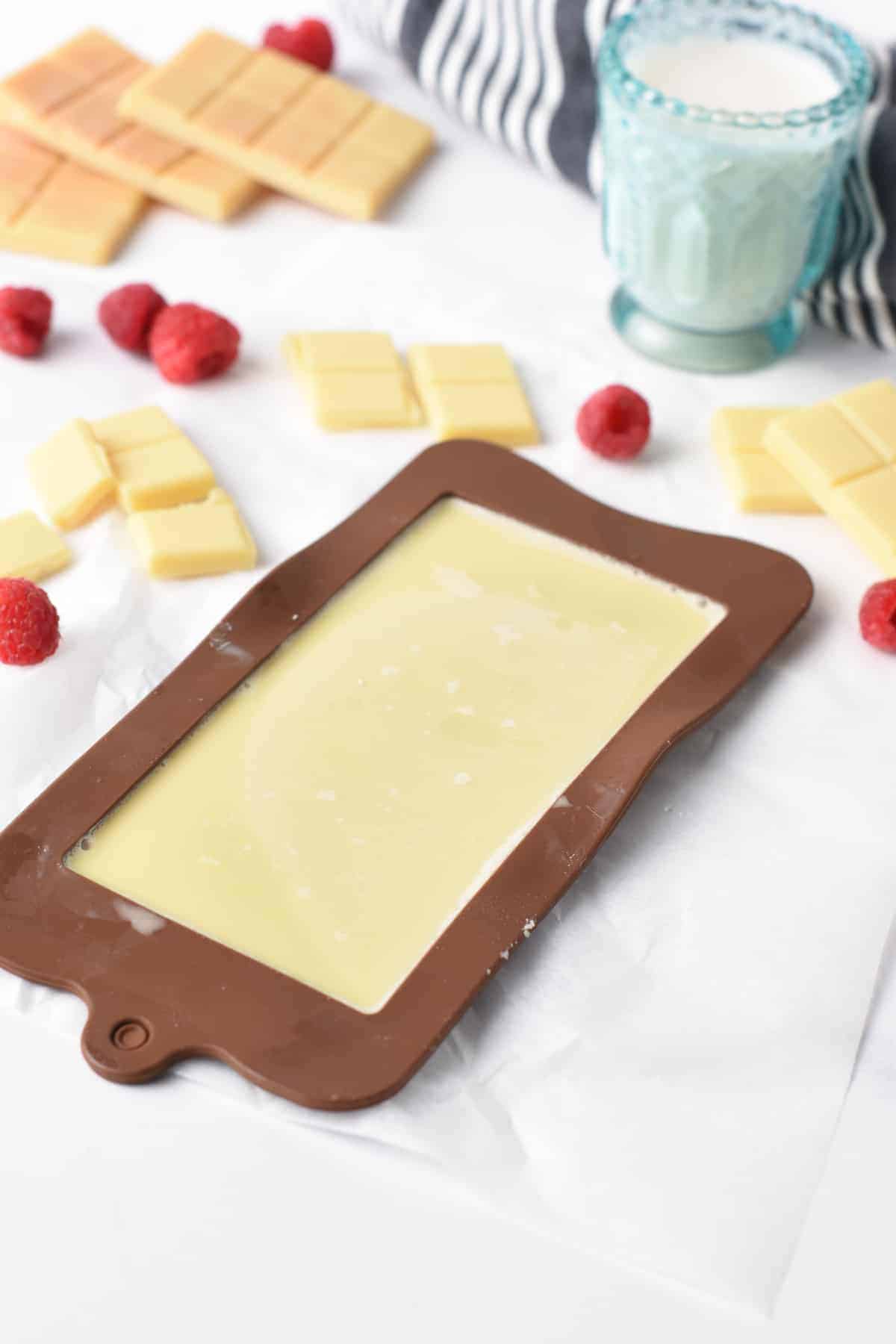 Vegan White Chocolate setting in the slab.