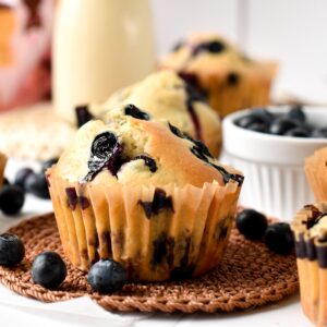These easy Vegan Blueberry Muffins are delicious bakery-style vegan muffins filled with juicy blueberries. Plus, you will love that it takes only 30 minutes to make these one-bowl muffins.