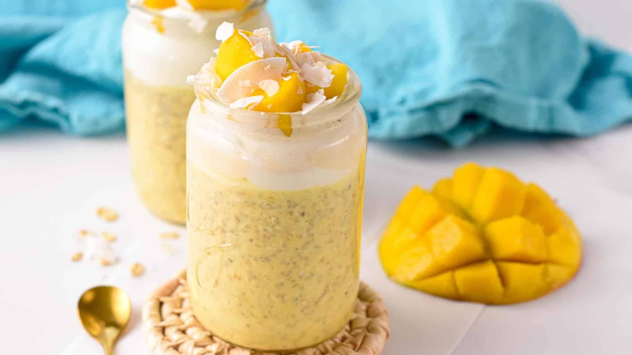 Mango Overnight Oats in two glass containers.