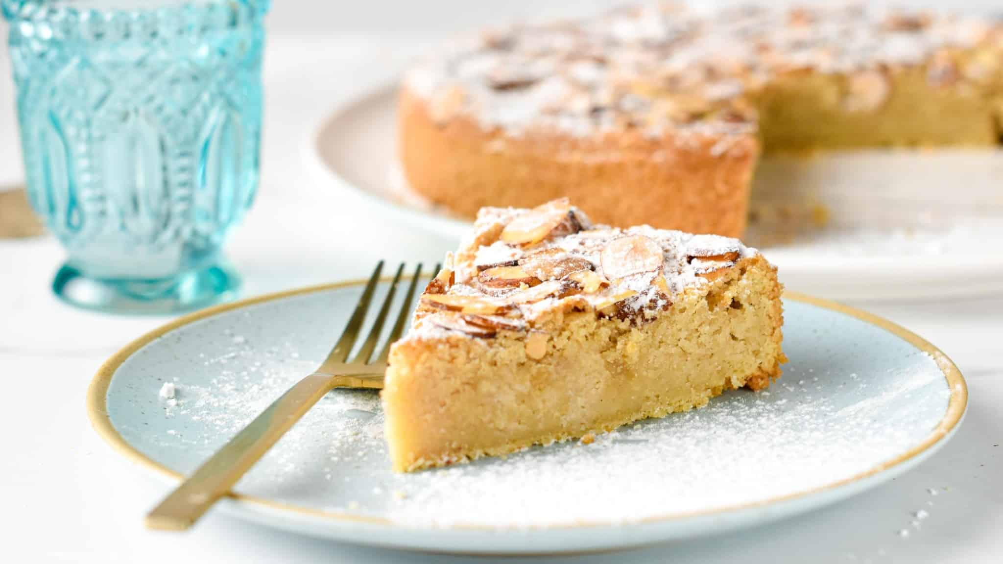 Slice of Almond Flour Cake without eggs on a plate.