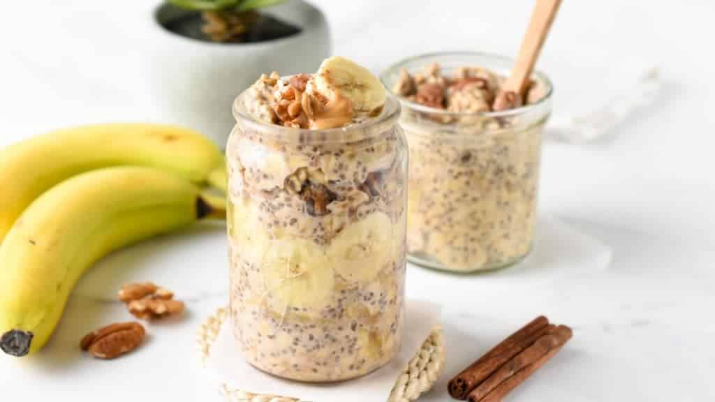 Banana Bread Overnight Oats in two mason jars.