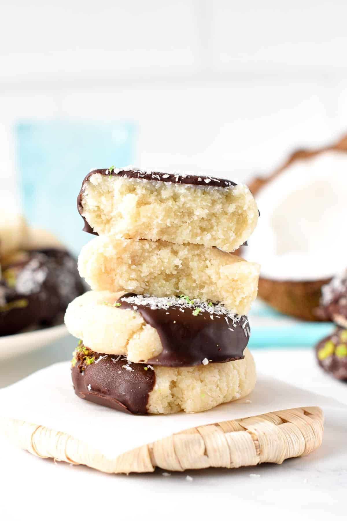 No-Bake Coconut Cookies stacked on a coaster.