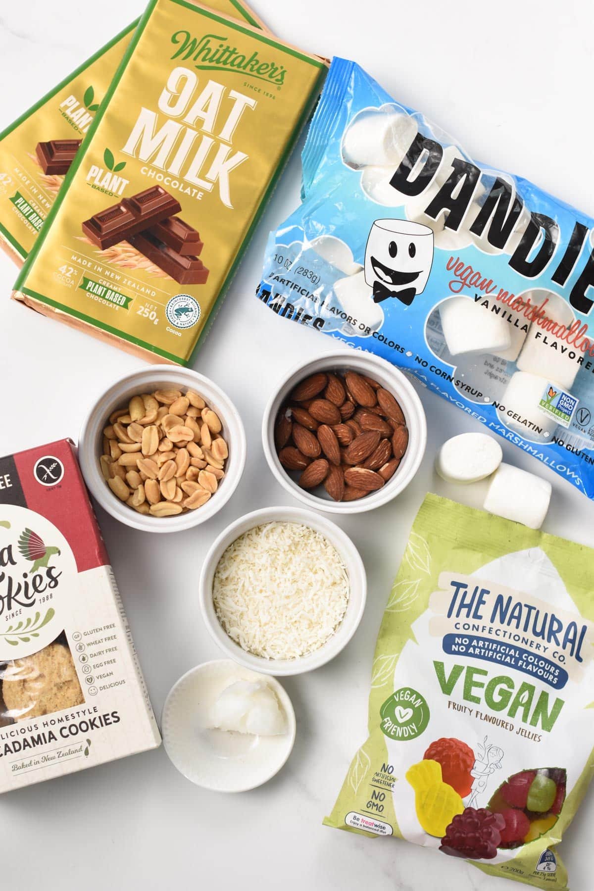Vegan Rocky Road ingredients in various bowls and ramekins.