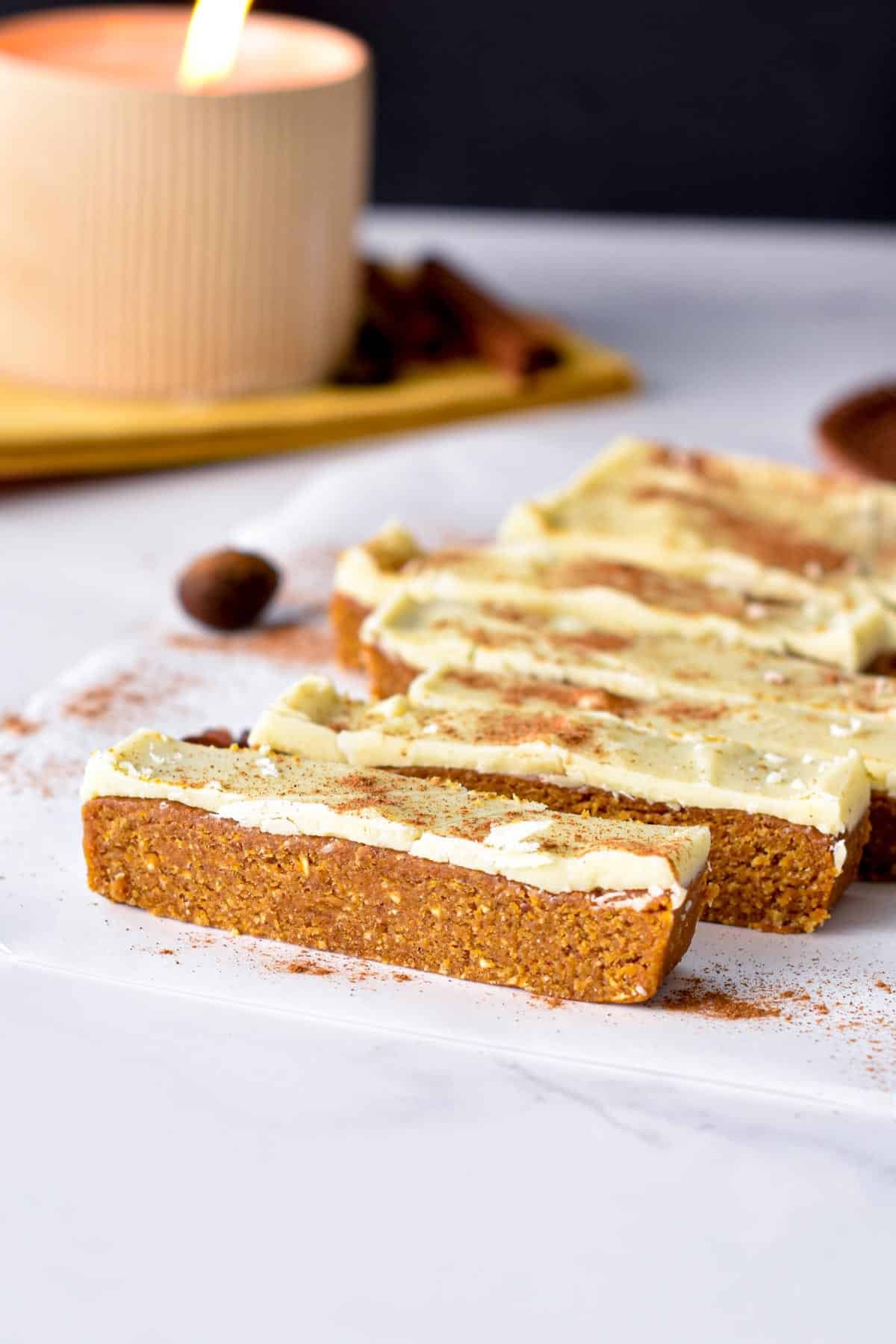 Pumpkin Protein Bars decorated with cinnamon.