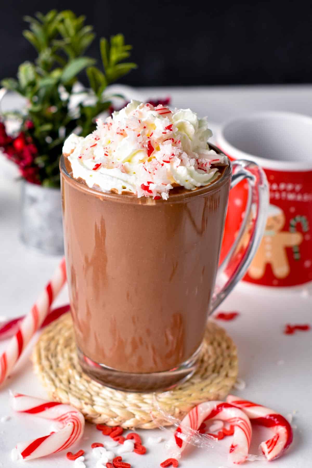 Vegan Peppermint Hot Chocolate in a mug, decorated with whipped coconut cream and candy cane shavings.