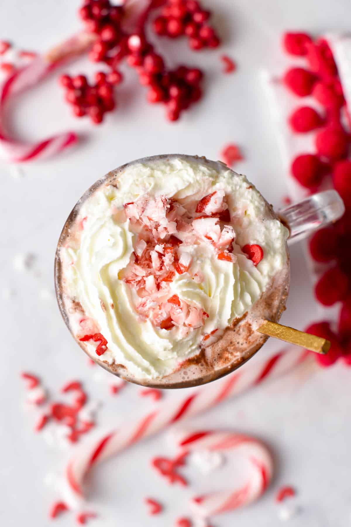 Peppermint Hot Chocolate viewed from the top and decorated with whipped coconut cream and pieces of candy cane.
