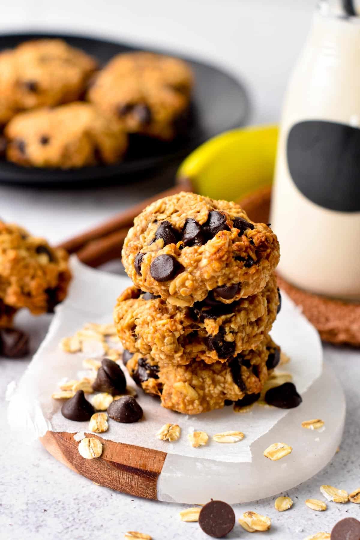 Banana Oatmeal Cookies stacked on a coaster.