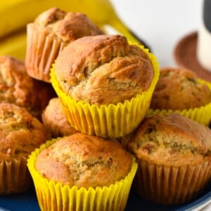 These Eggless Banana Muffins are the most fluffy, soft banana muffins made with no eggs and refined sugar free. It's a great banana muffin recipe for anyone allergic to eggs, or on a vegan diet.