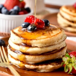 These eggless pancakes are easy fluffy pancakes perfect for an egg-free breakfast, Plus, these pancakes are also dairy-free and therefore vegan friendly so you can share them with all the family.