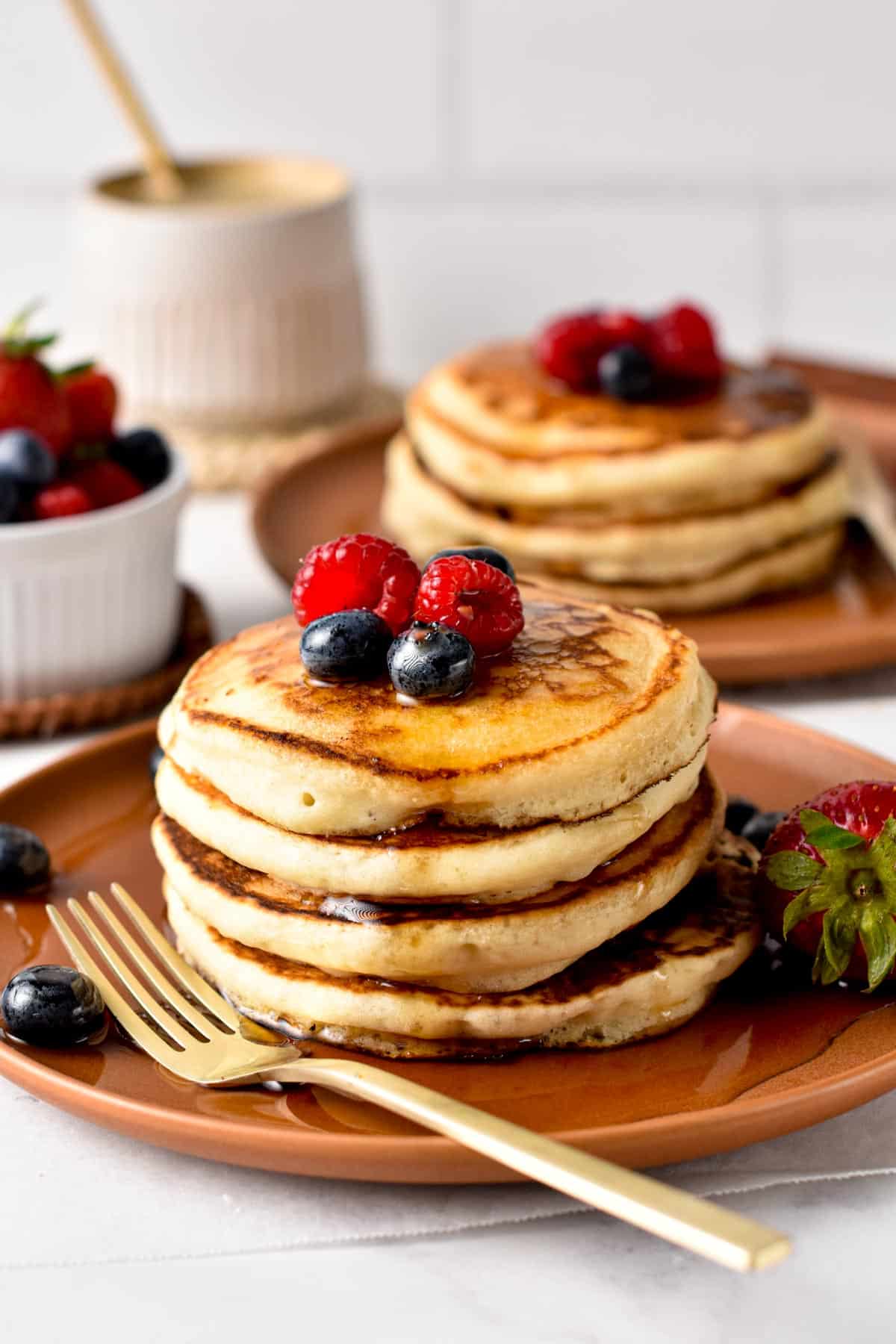 These eggless pancakes are easy fluffy pancakes perfect for an egg-free breakfast, Plus, these pancakes are also dairy-free and therefore vegan friendly so you can share them with all the family.