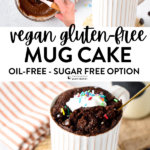 This Vegan Gluten-free Mug Cake recipe is a delicious single serve chocolate cake baked in your microwave in 90 seconds to fix your sweet tooth. Plus, this is a vegan oil-free mug cake too, perfect if you are looking for oil-free baking recipe.This Vegan Gluten-free Mug Cake recipe is a delicious single serve chocolate cake baked in your microwave in 90 seconds to fix your sweet tooth. Plus, this is a vegan oil-free mug cake too, perfect if you are looking for oil-free baking recipe.