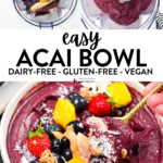 This Acai Bowl recipe is a creamy refreshing smoothie bowl packed with anti-oxidants and vitamin C. Plus, it takes barely 5 minutes to prepare this easy healthy breakfast and it's also naturally vegan and gluten-free.