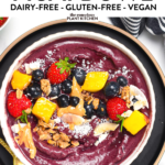 This Acai Bowl recipe is a creamy refreshing smoothie bowl packed with anti-oxidants and vitamin C. Plus, it takes barely 5 minutes to prepare this easy healthy breakfast and it's also naturally vegan and gluten-free.