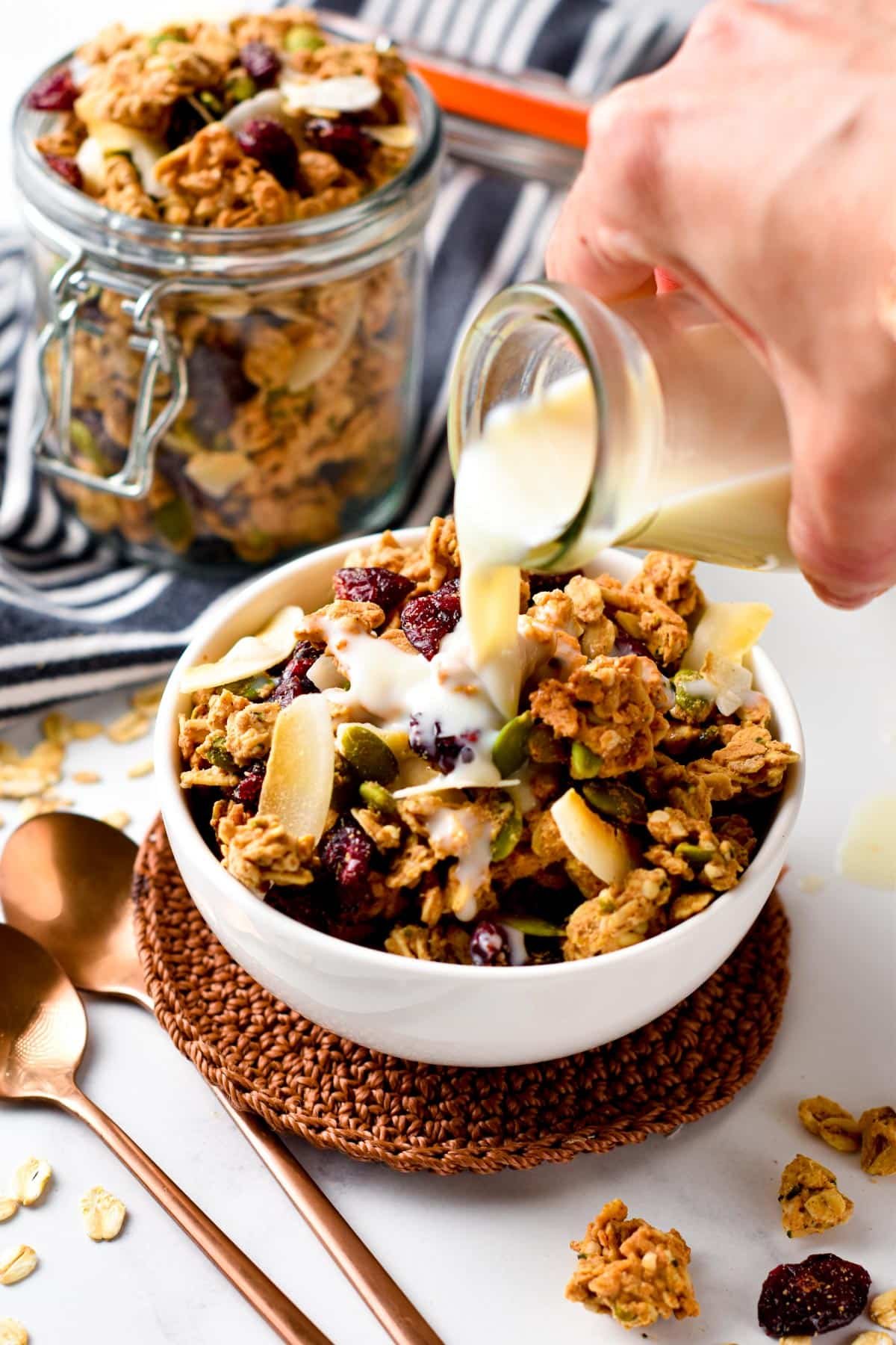 This homemade high protein granola recipe is the most easy high protein breakfast cereal you will ever make! They are crunchy, sweet but also naturally vegan, nut-free and refined sugar-free.