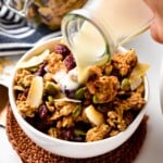 This homemade high protein granola recipe is the most easy high protein breakfast cereal you will ever make! They are crunchy, sweet but also naturally vegan, nut-free and refined sugar-free.