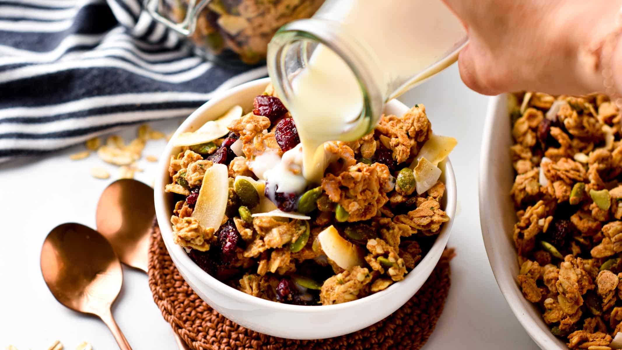 This homemade high protein granola recipe is the most easy high protein breakfast cereal you will ever make! They are crunchy, sweet but also naturally vegan, nut-free and refined sugar-free.
