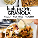 This homemade high protein granola recipe is the most easy high protein breakfast cereal you will ever make! They are crunchy, sweet but also naturally vegan, nut-free and refined sugar-free.