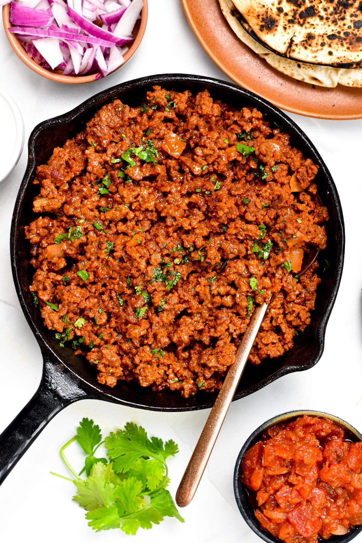TVP Taco Meat in a cast-iron pan.